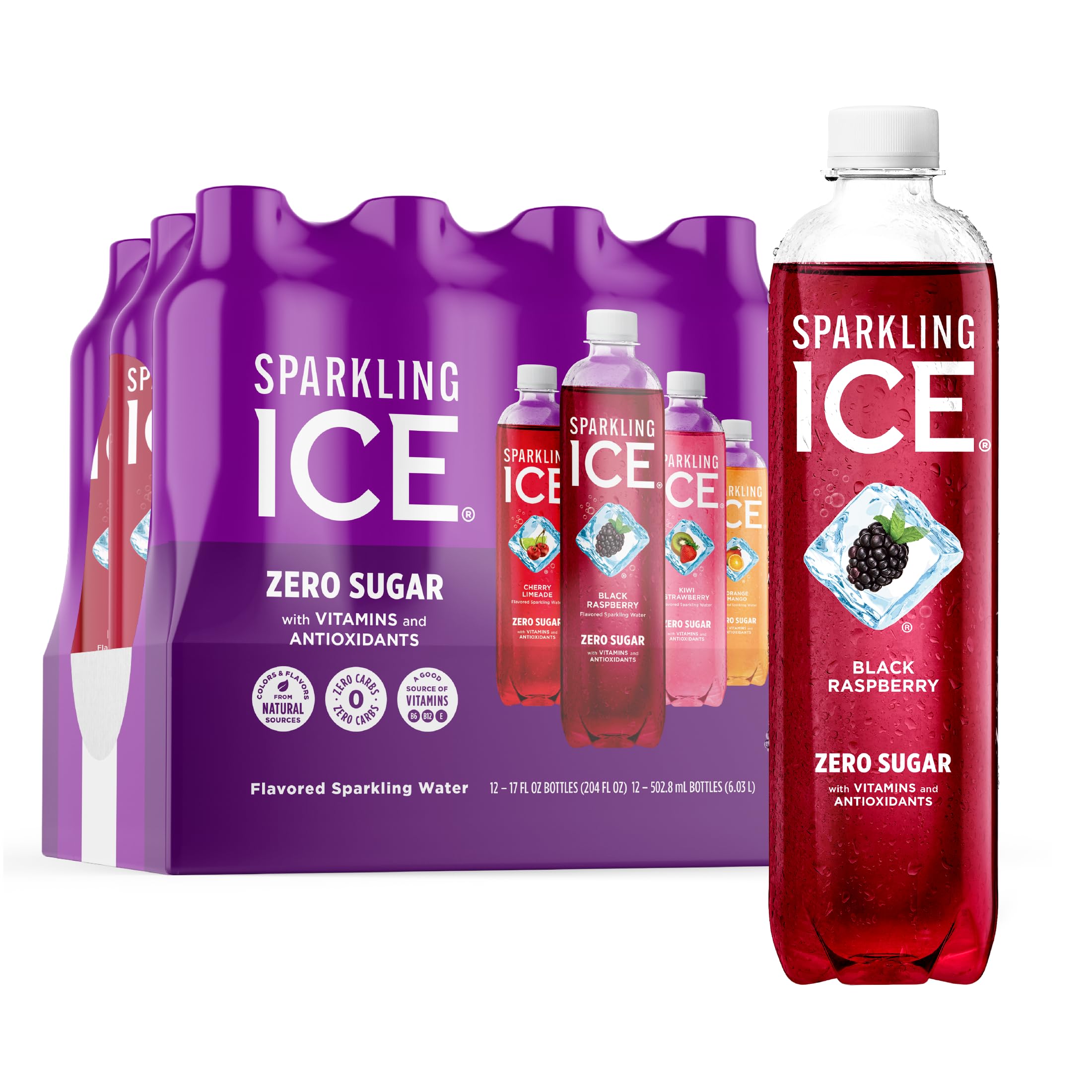 Sparkling Ice Purple Pack black raspberry bottle showing zero sugar and bright flavor.