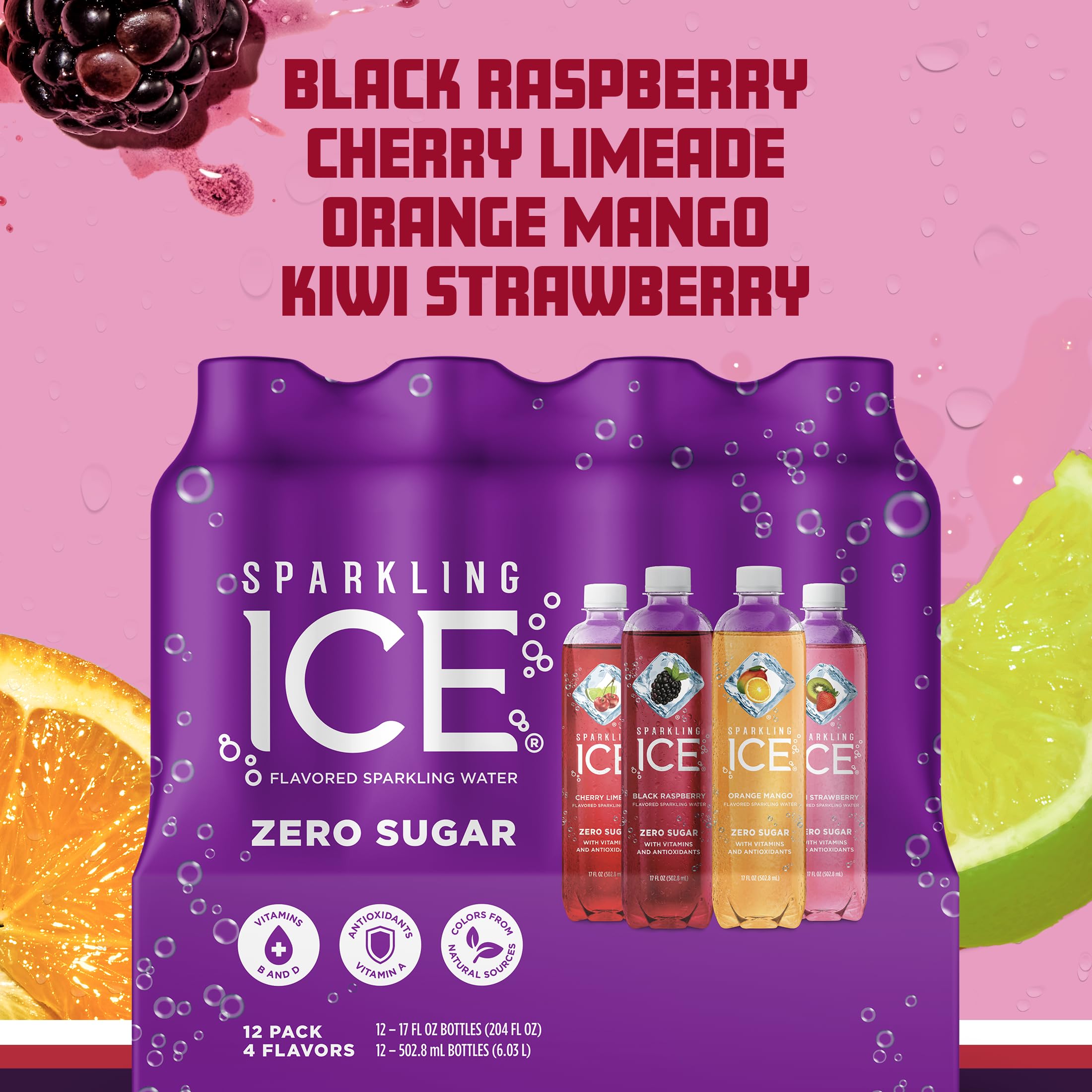 Sparkling Ice Purple Pack kiwi strawberry bottle delivering vitamins and antioxidants.