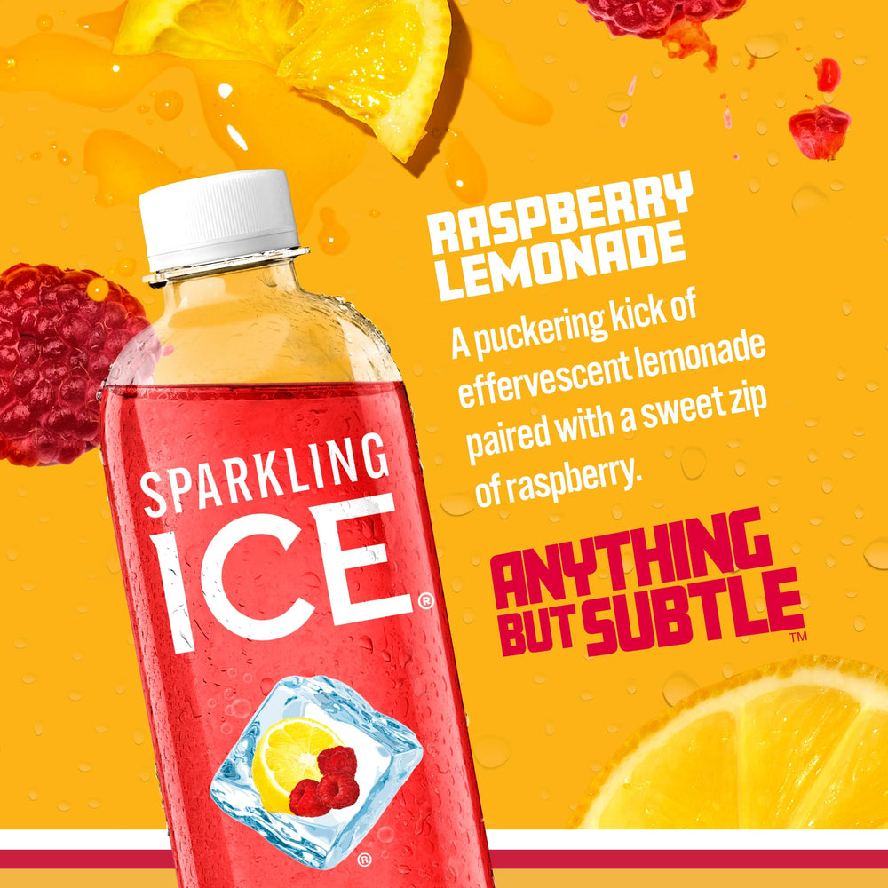 Sparkling Ice Raspberry Lemonade glass pour, crisp citrus bubbles in motion