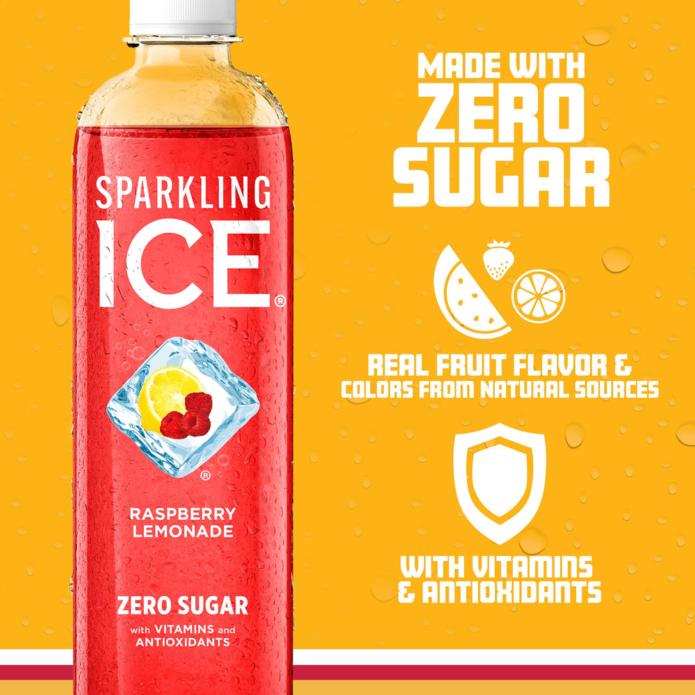 Sparkling Ice Raspberry Lemonade label, vitamins B6 B12 and E visible