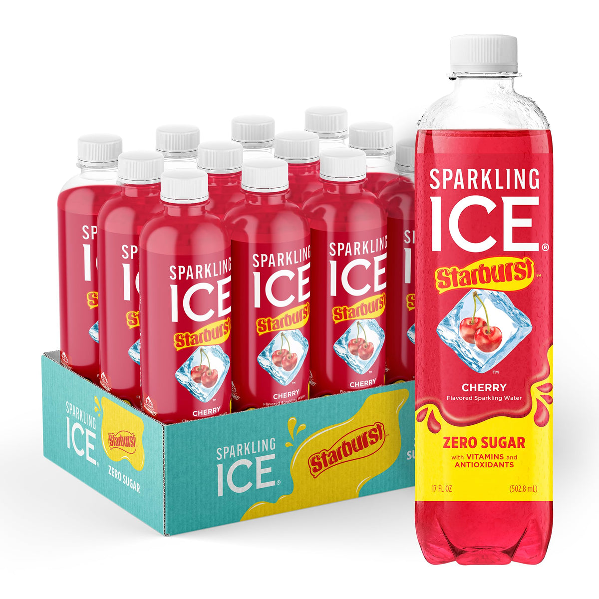 Sparkling Ice STARBURST Cherry bottle showing bold zero sugar flavor and low calories