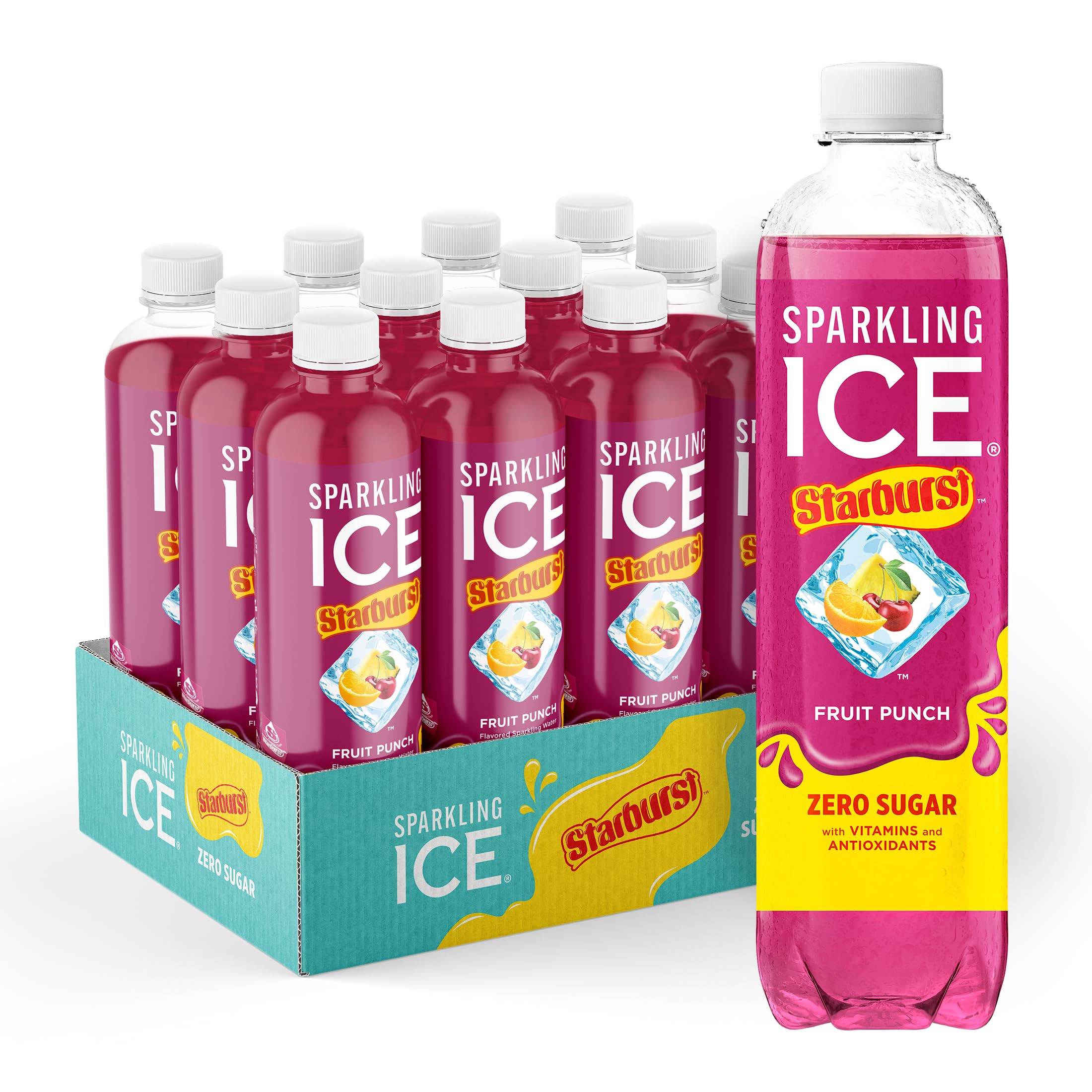 Sparkling Ice STARBURST Fruit Punch bottle front with zero sugar refreshment.