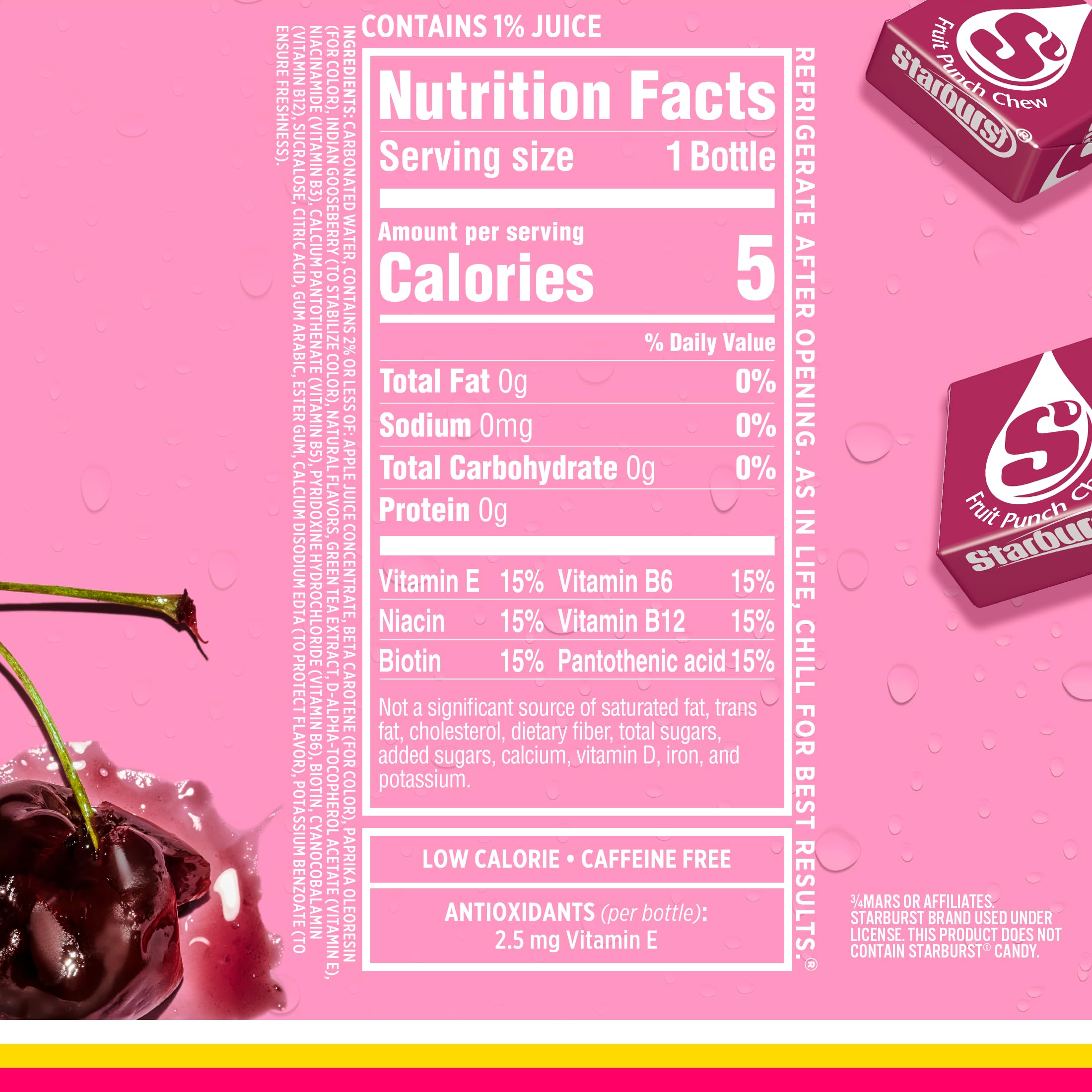 Sparkling Ice STARBURST bottle being poured with vibrant fruit flavor.