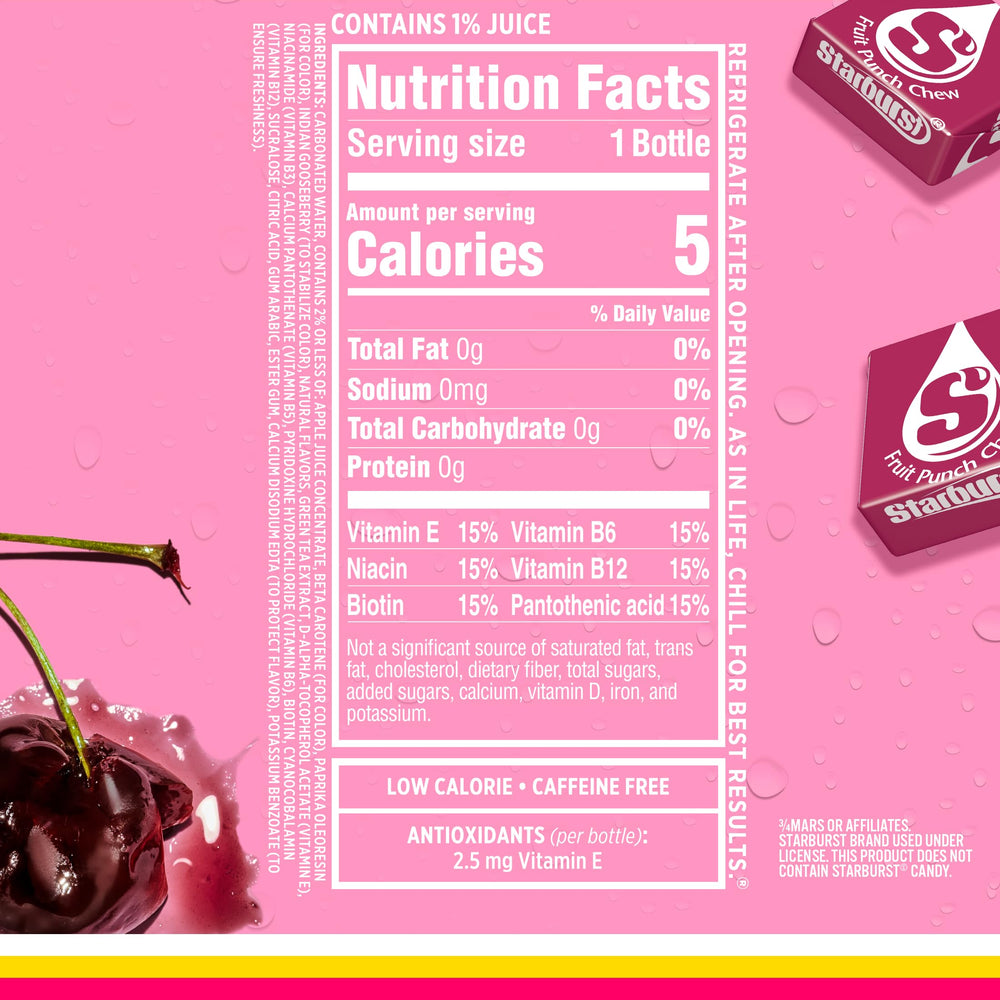 Sparkling Ice STARBURST bottle being poured with vibrant fruit flavor.