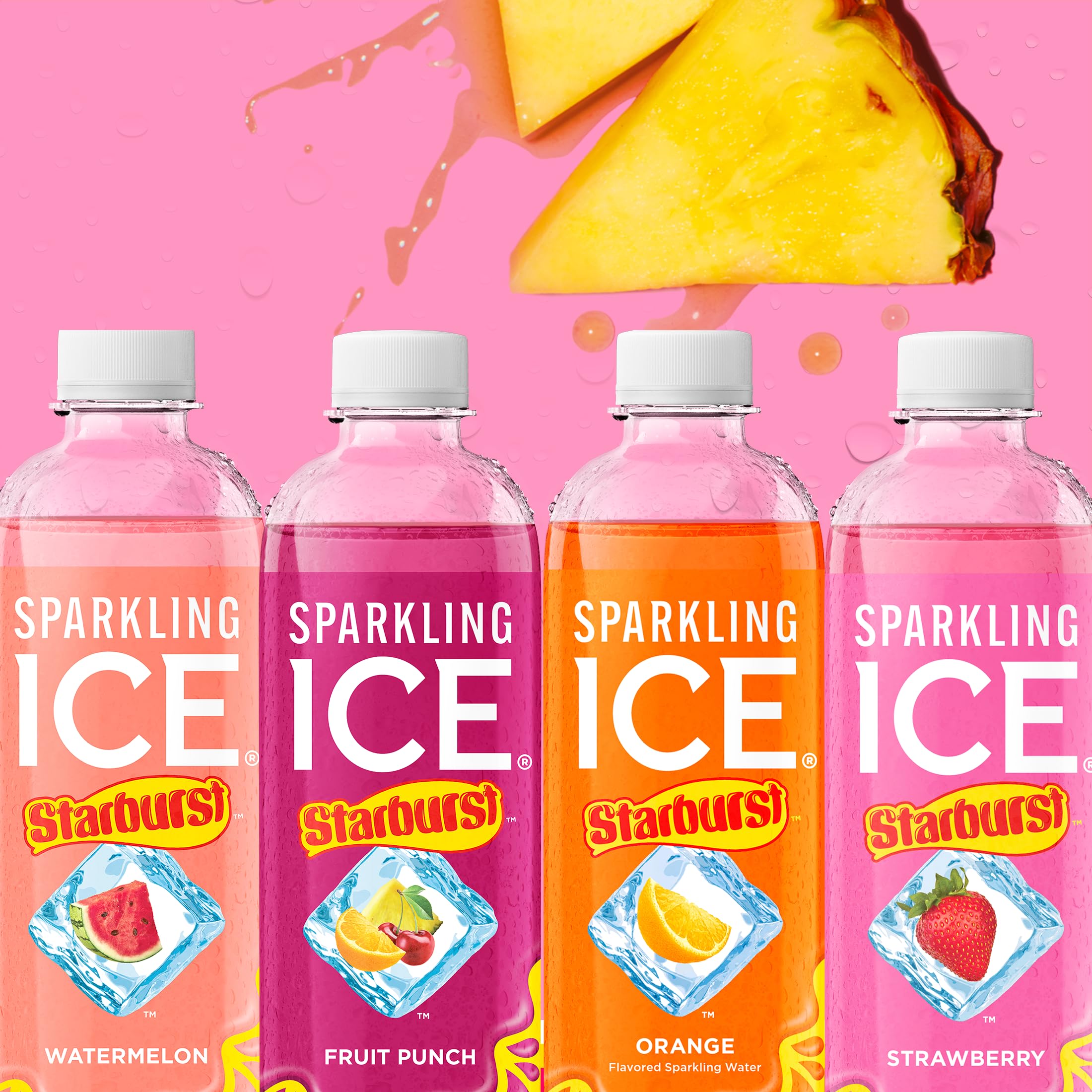 Sparkling Ice STARBURST label closeup with bold fruit punch.