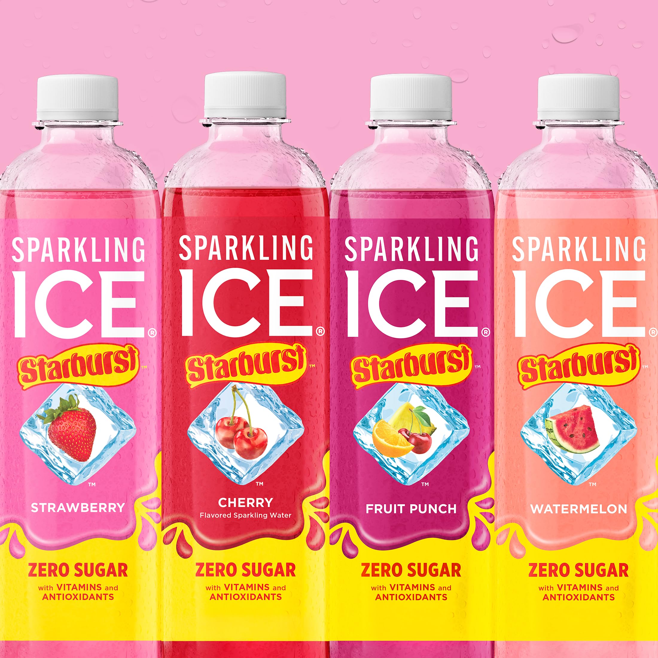 Sparkling Ice STARBURST label close-up emphasizing no artificial dyes.