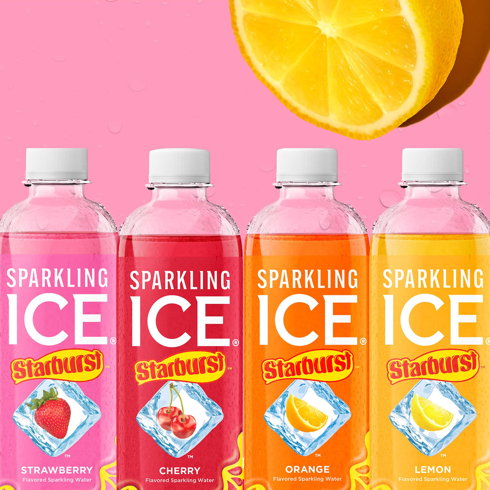 Sparkling Ice STARBURST Lemon cans on counter ready to drink.