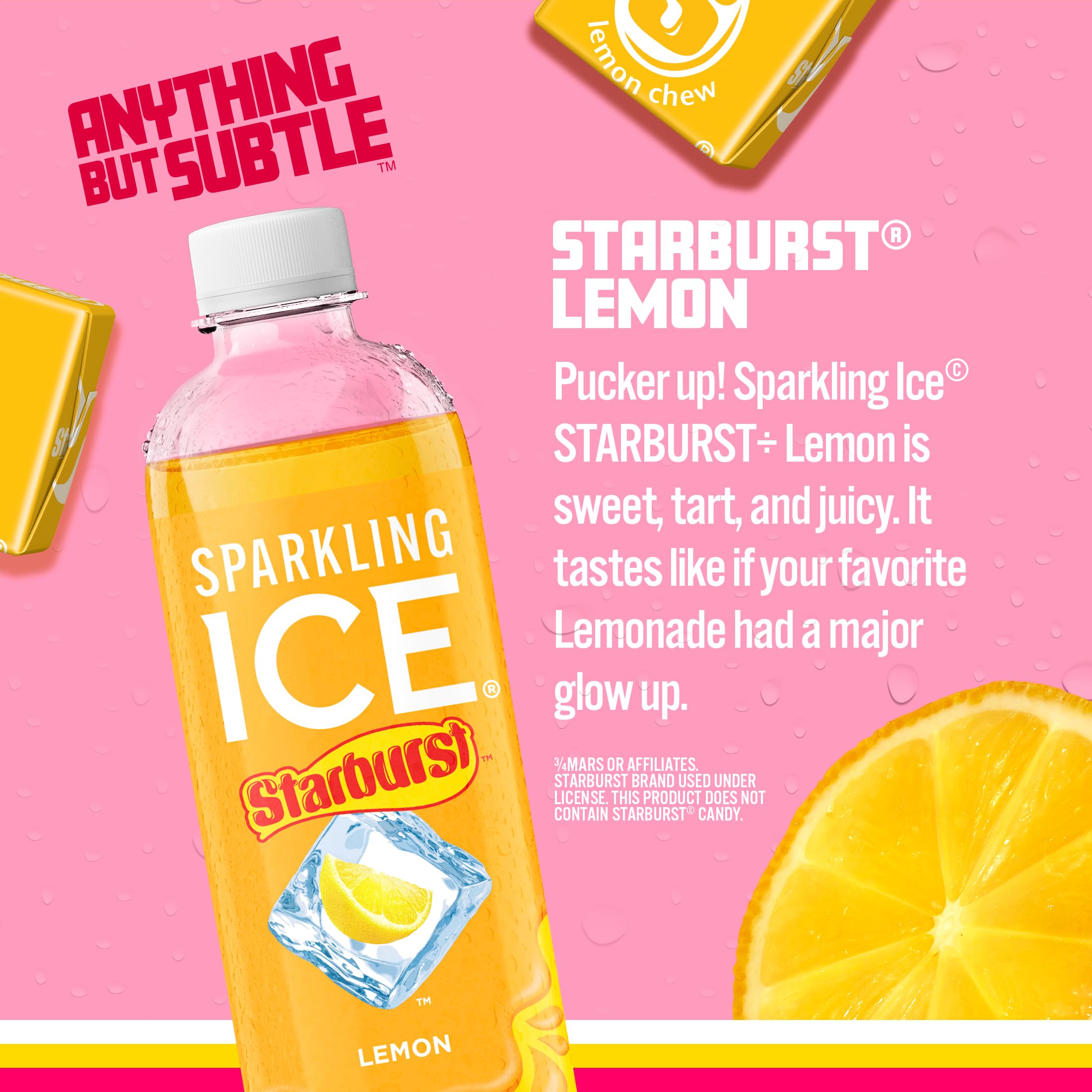 Sparkling Ice STARBURST Lemon glass presenting a refreshing citrus flavor.