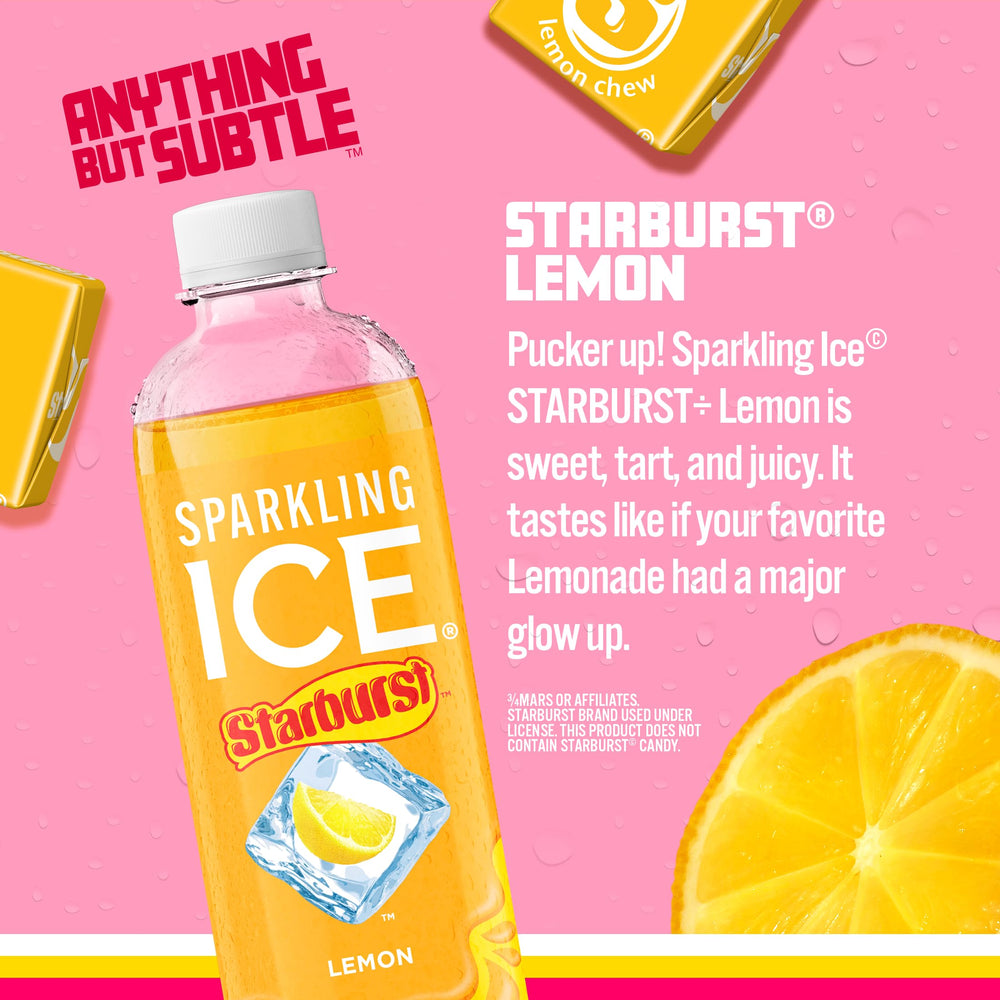 Sparkling Ice STARBURST Lemon glass presenting a refreshing citrus flavor.