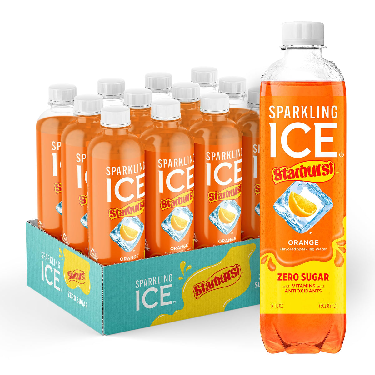 Sparkling Ice STARBURST Orange bottle front, zero sugar with vitamins