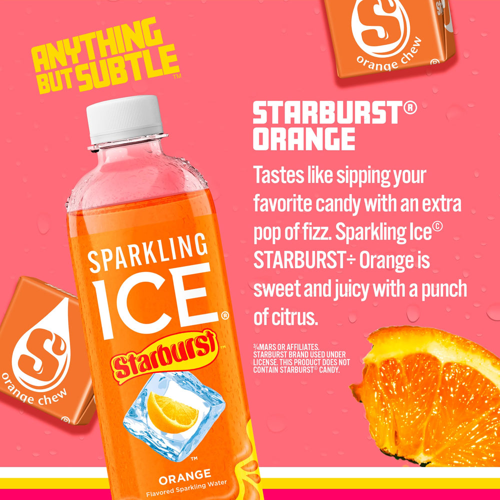 Sparkling Ice STARBURST Orange glass pour, bright citrus flavor refreshment