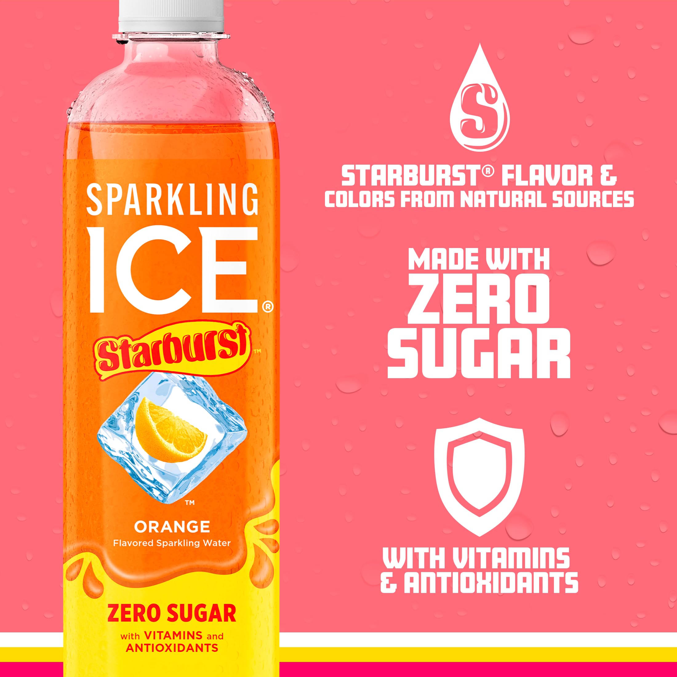 Sparkling Ice STARBURST Orange label close-up, natural color from sources