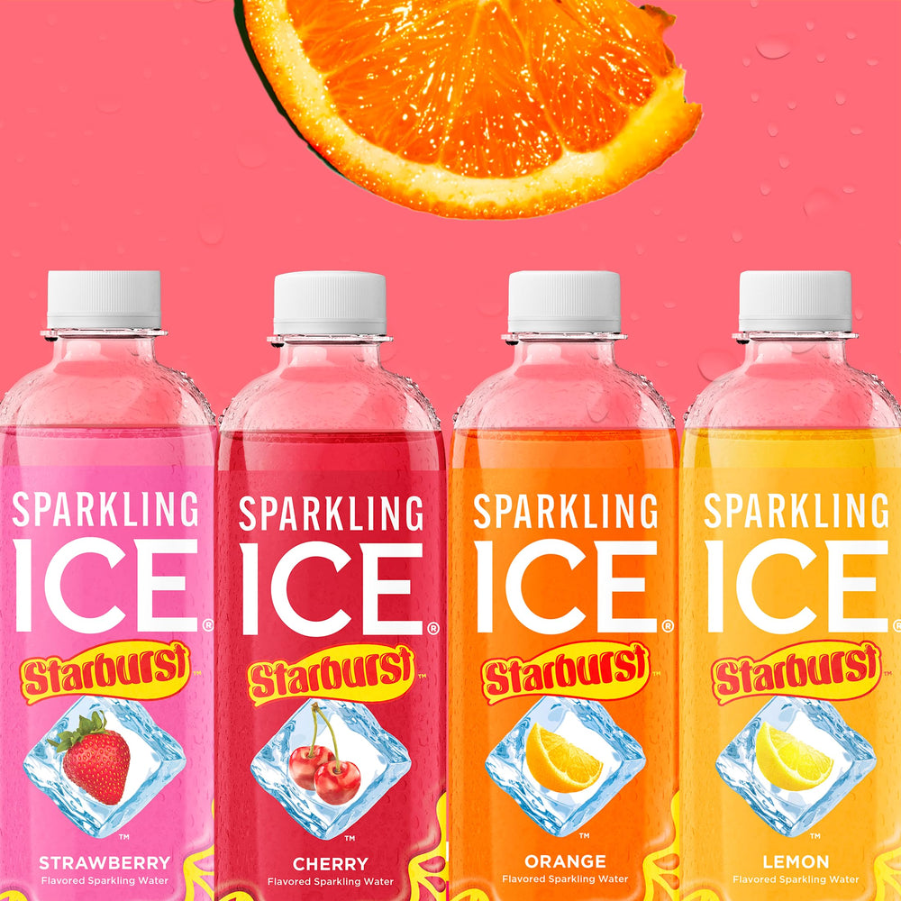 Sparkling Ice STARBURST Orange liquid visuals, candy-inspired hydration option