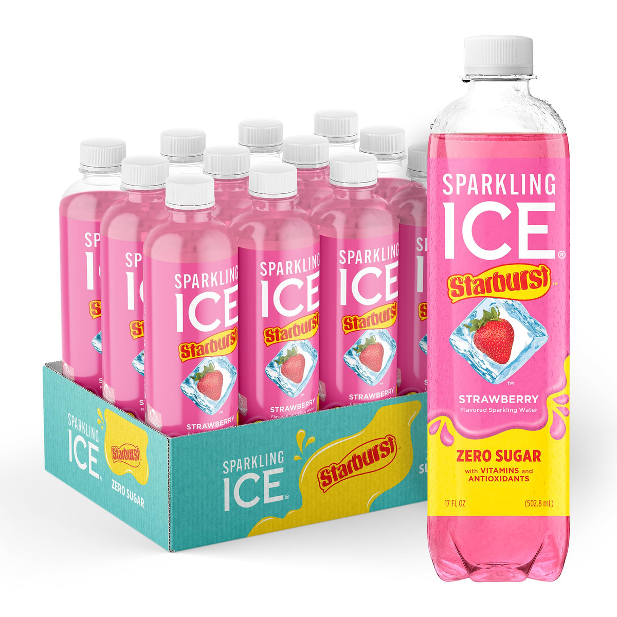 Sparkling Ice STARBURST Strawberry bottle pour showing bold flavor and fizz.