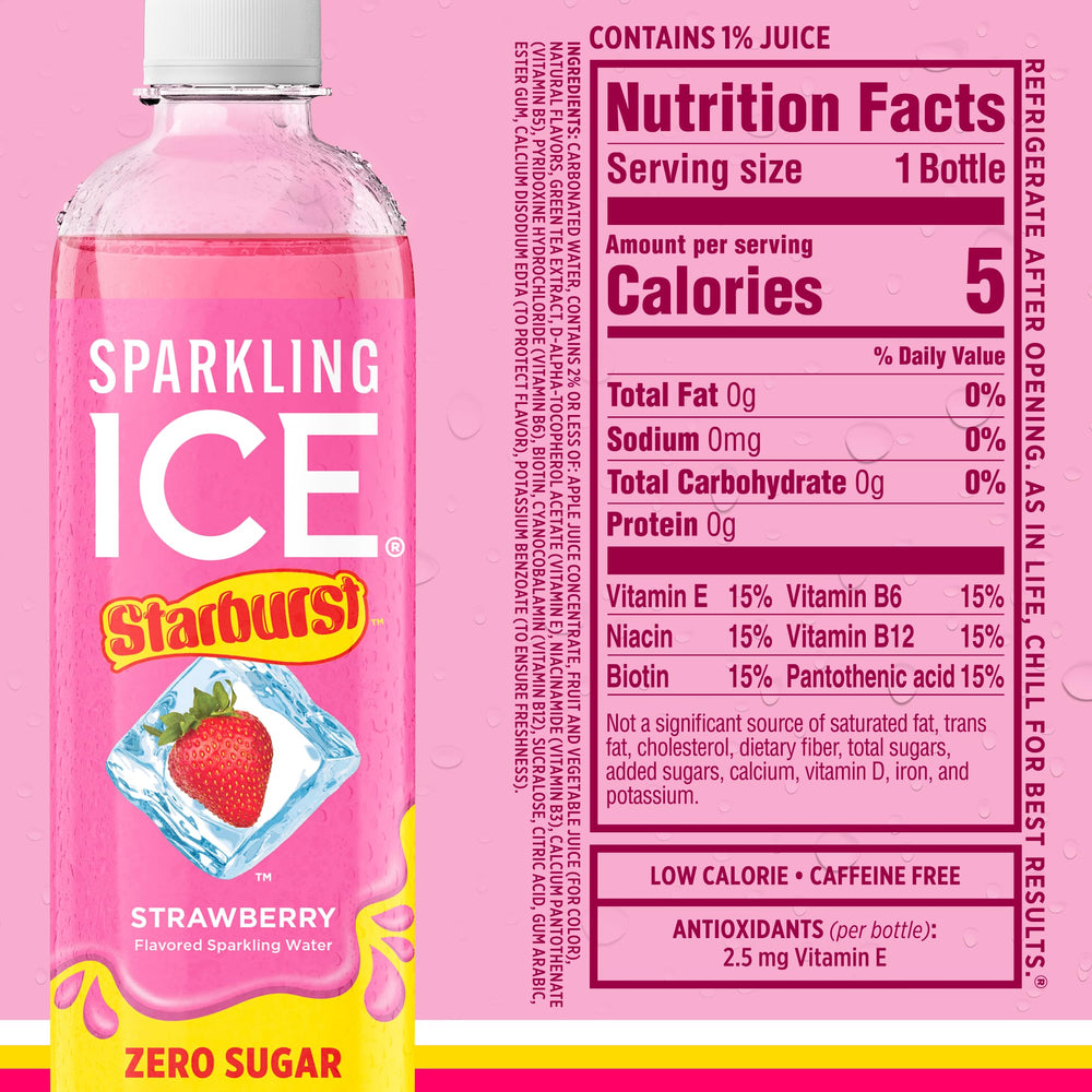 Sparkling Ice STARBURST strawberry bottle with bright fruit aroma and zero sugar.