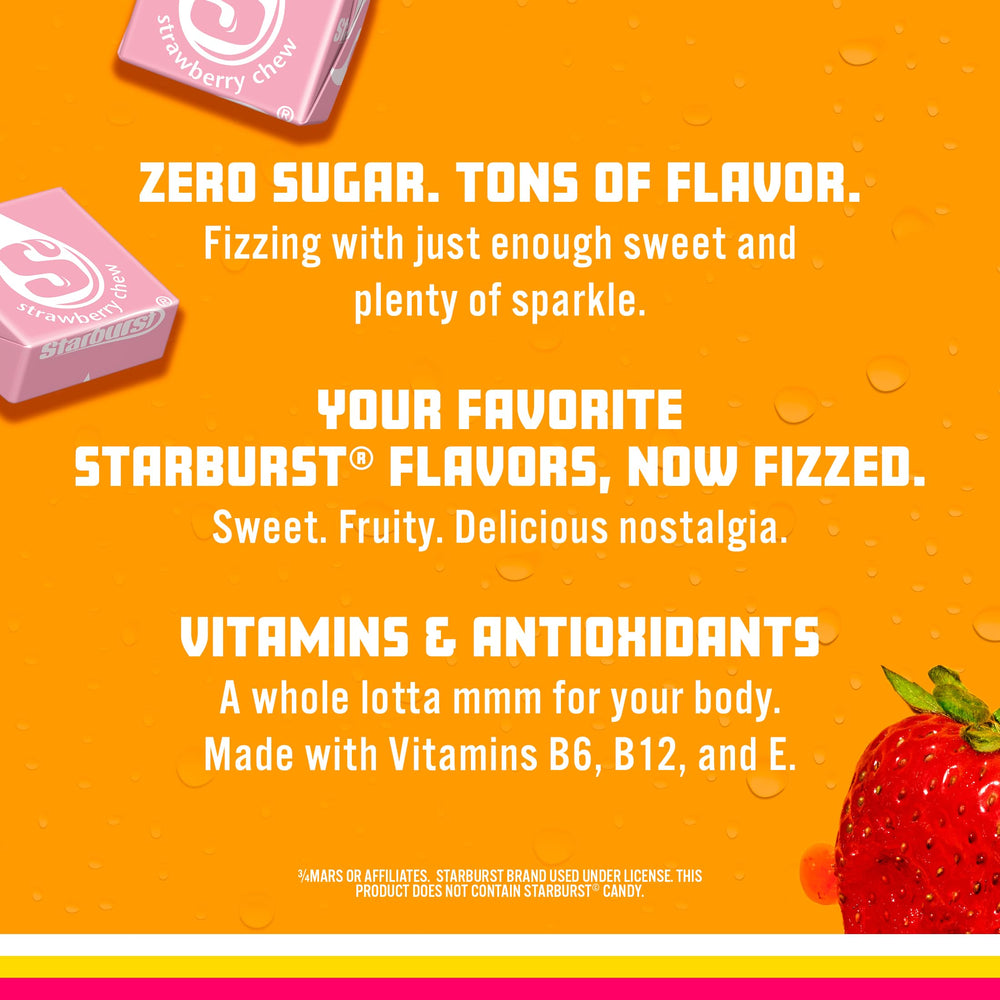Sparkling Ice STARBURST Strawberry glass tilt highlighting low-calorie refreshment.