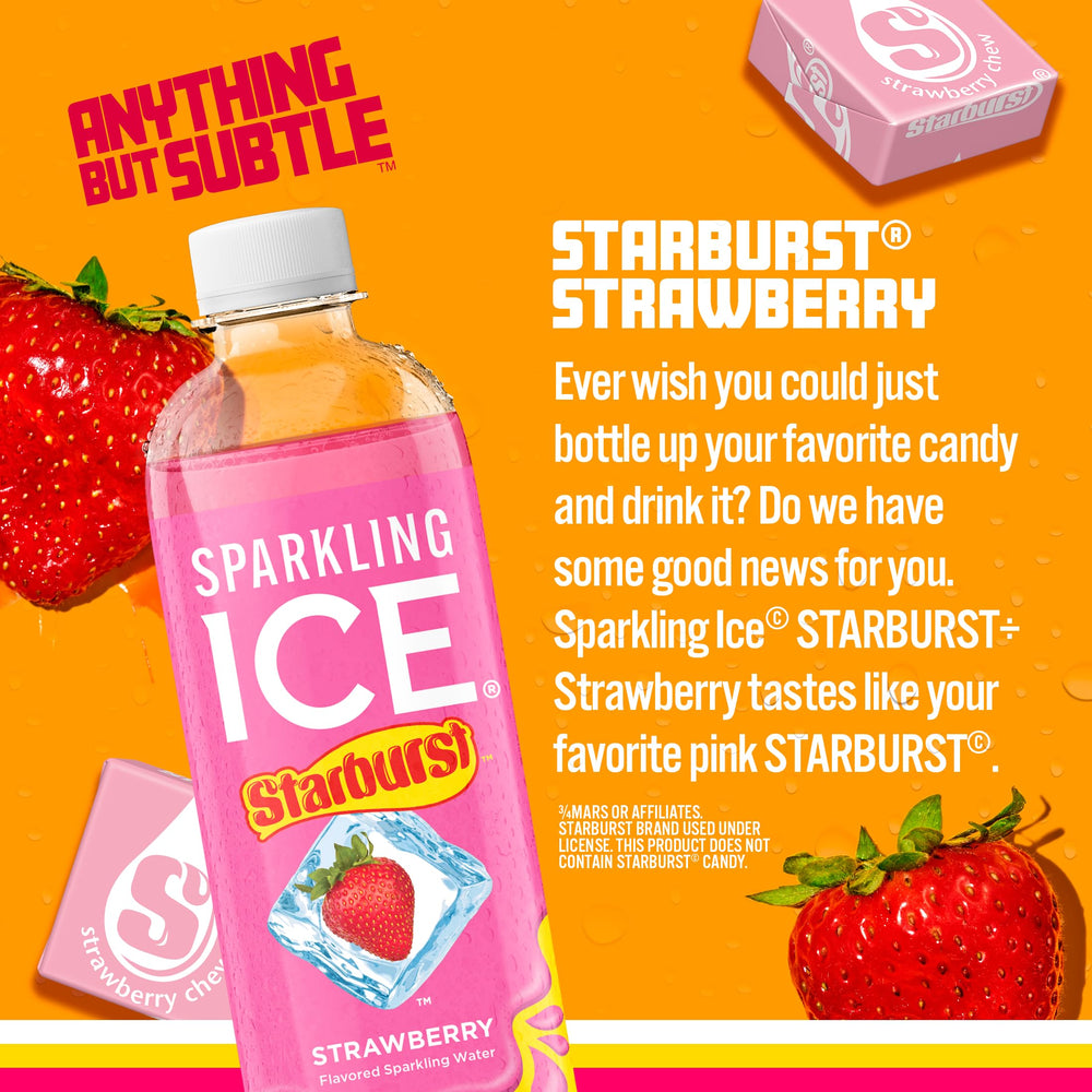Sparkling Ice STARBURST Strawberry label design featuring natural color sources.