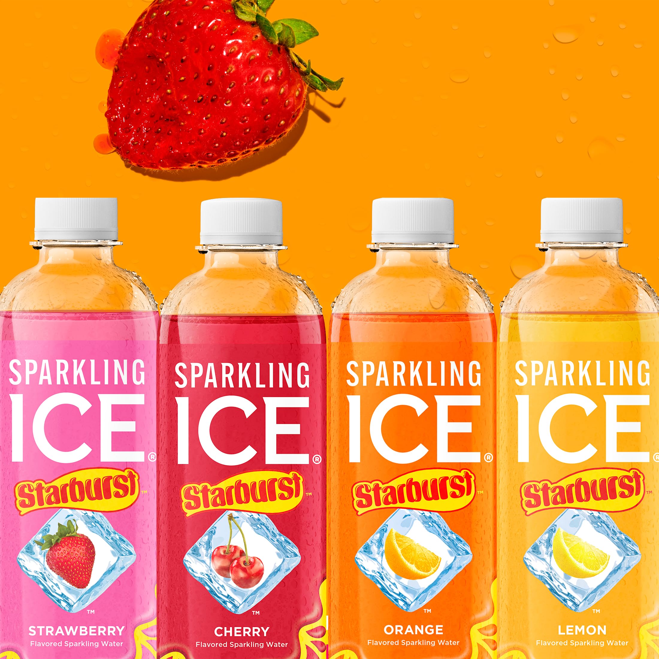 Sparkling Ice STARBURST Strawberry pack shot of 12 bottles for sharing.