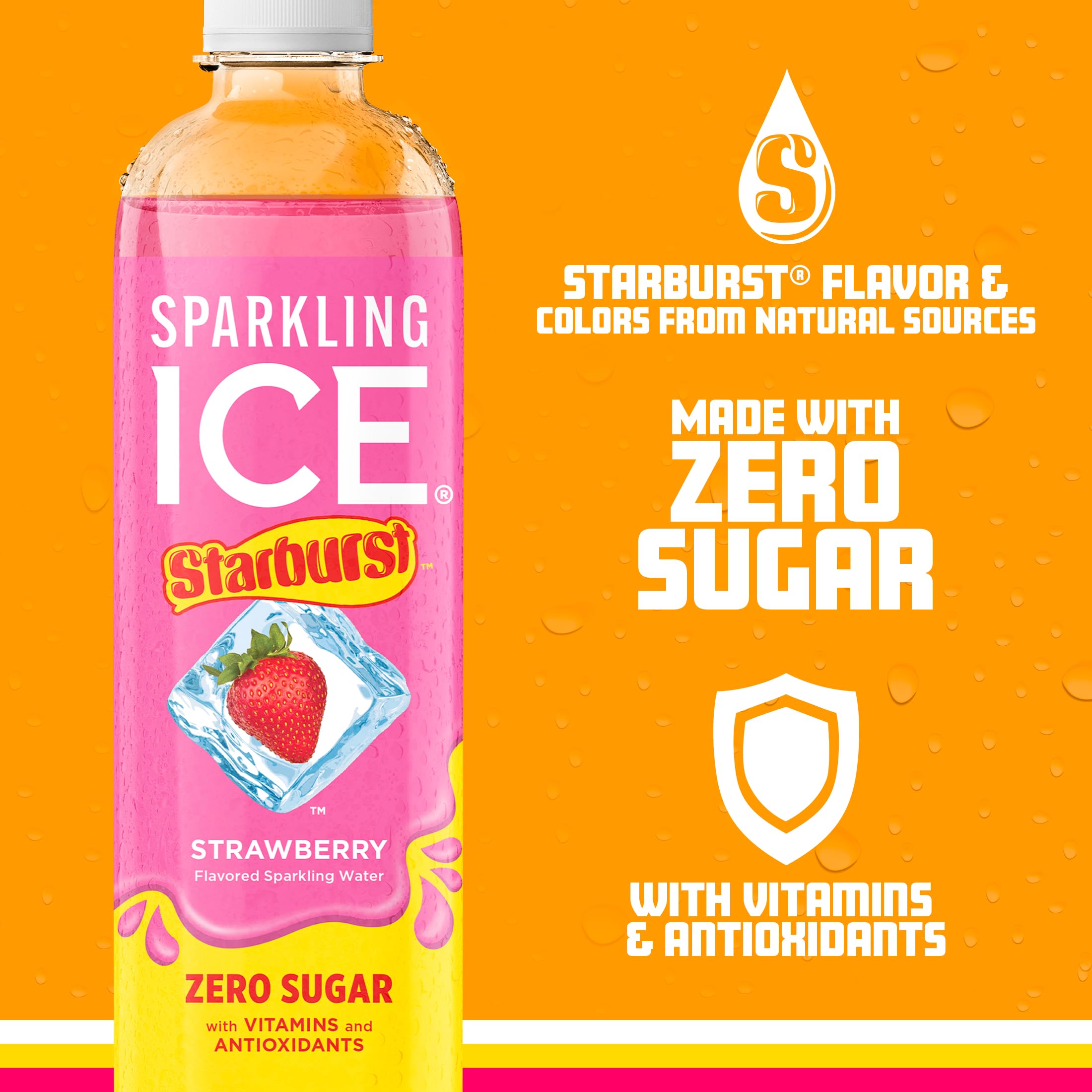 Sparkling Ice STARBURST Strawberry vitamins and antioxidants icons on pack.