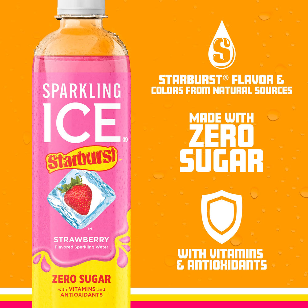 Sparkling Ice STARBURST Strawberry vitamins and antioxidants icons on pack.