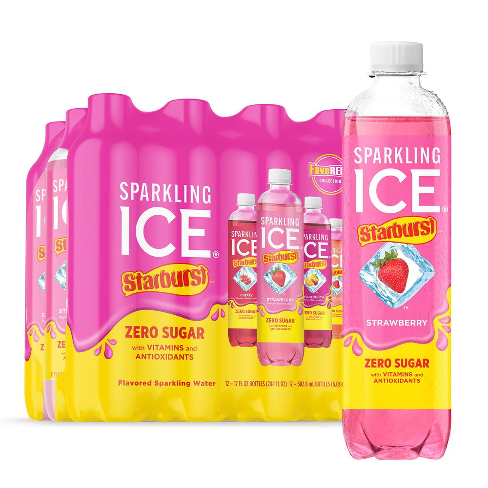 Sparkling Ice STARBURST variety pack bottle showing four flavors with zero sugar.