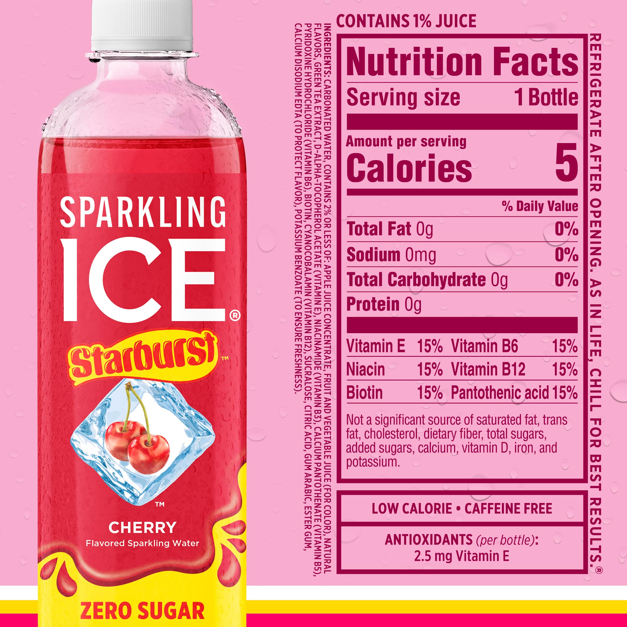 Sparkling Ice STARBURST bottle shows vitamins and antioxidants on the label.