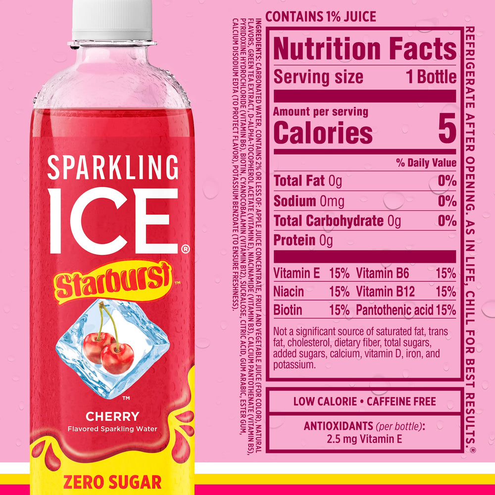 Sparkling Ice STARBURST bottle shows vitamins and antioxidants on the label.