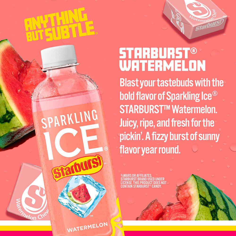 Sparkling Ice STARBURST Watermelon glass serving on ice, crisp refreshment