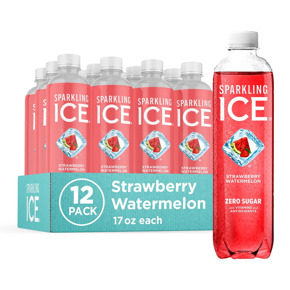 Sparkling Ice Strawberry Watermelon bottle showing zero sugar and vitamins for refreshment.