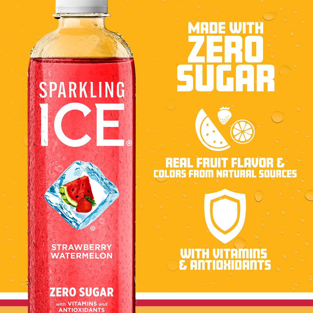 Sparkling Ice Strawberry Watermelon pack back, nutrition and ingredients listed.