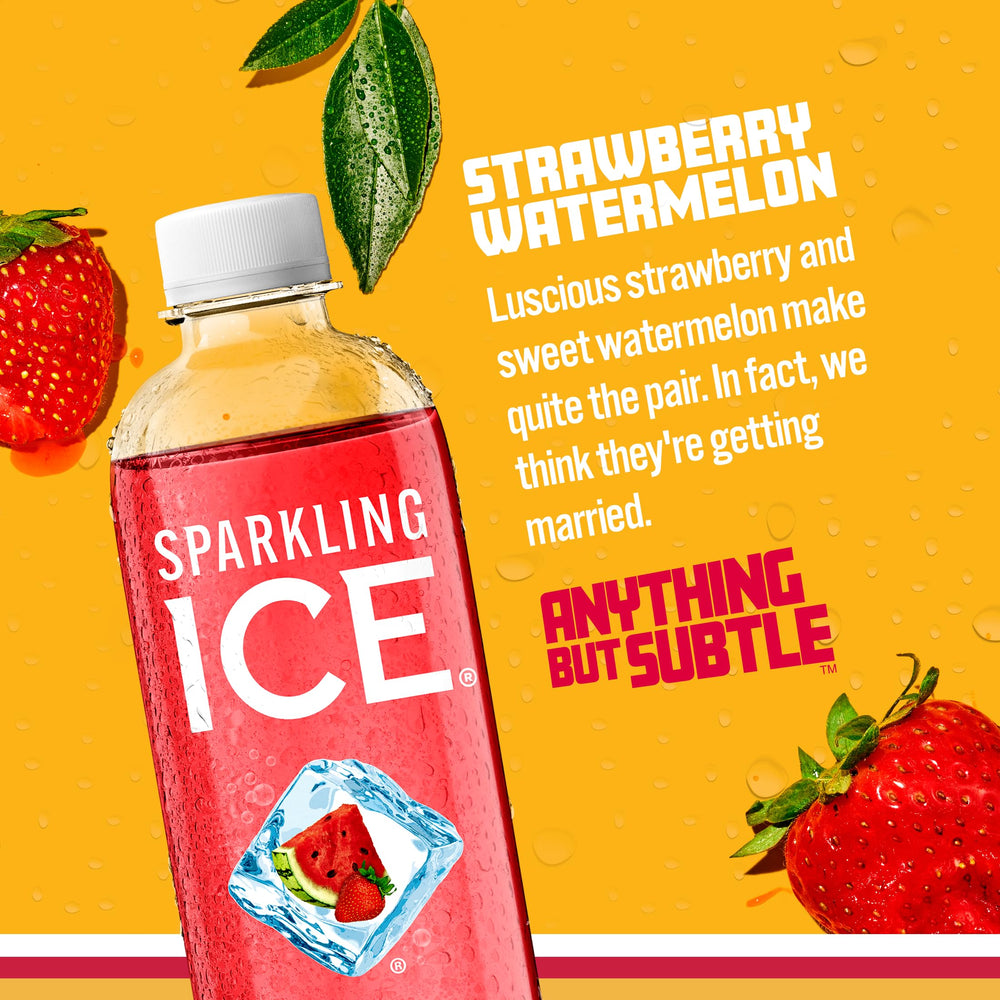 Sparkling Ice Strawberry Watermelon pack front, convenient twelve-bottle multipack.