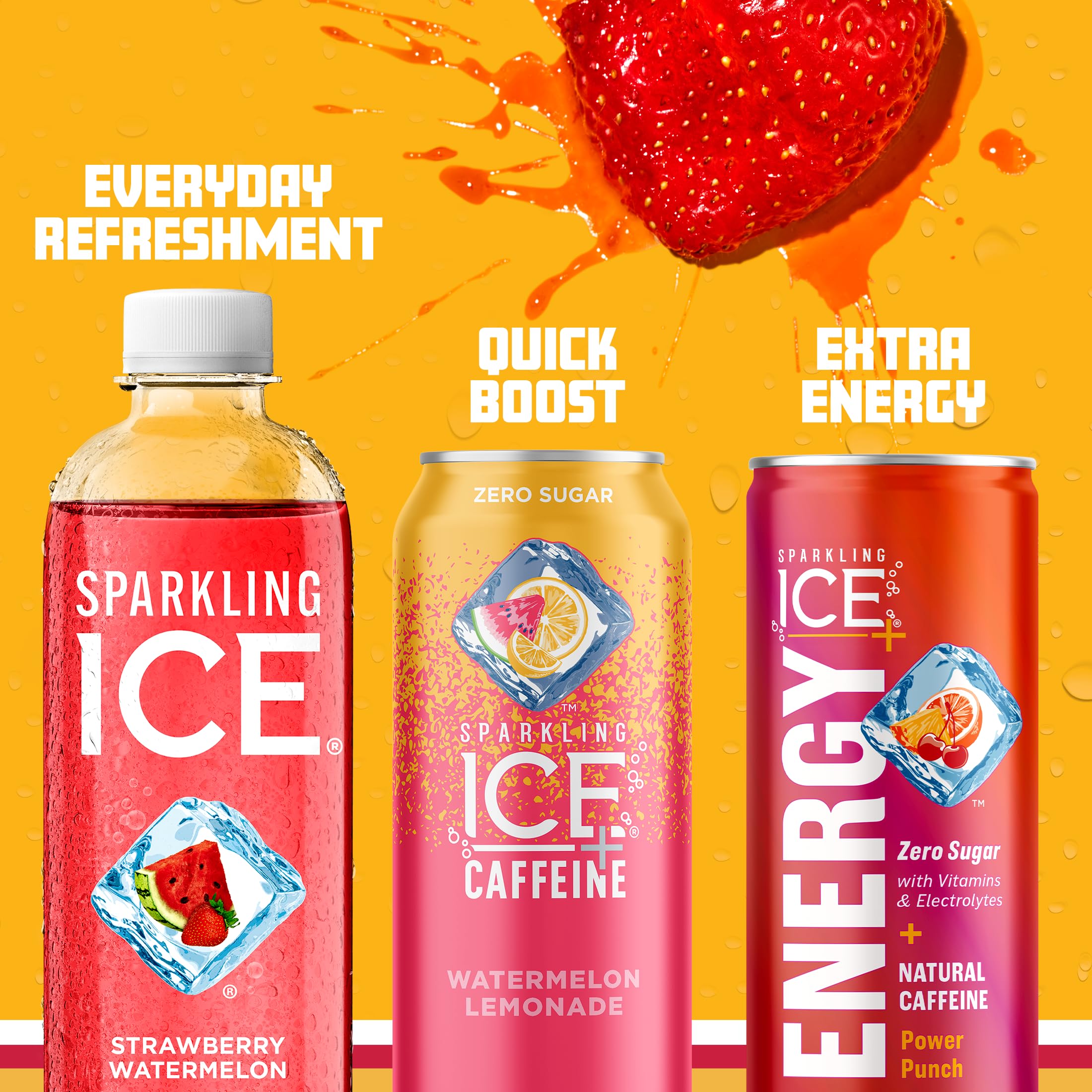 Sparkling Ice Strawberry Watermelon vitamins illustration highlighting B6, B12, E.