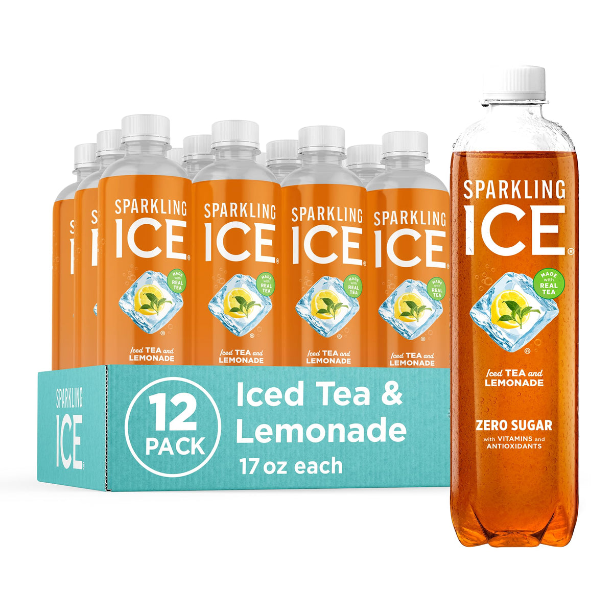 Sparkling Ice Tea Lemonade bottle front shows zero sugar refreshment.