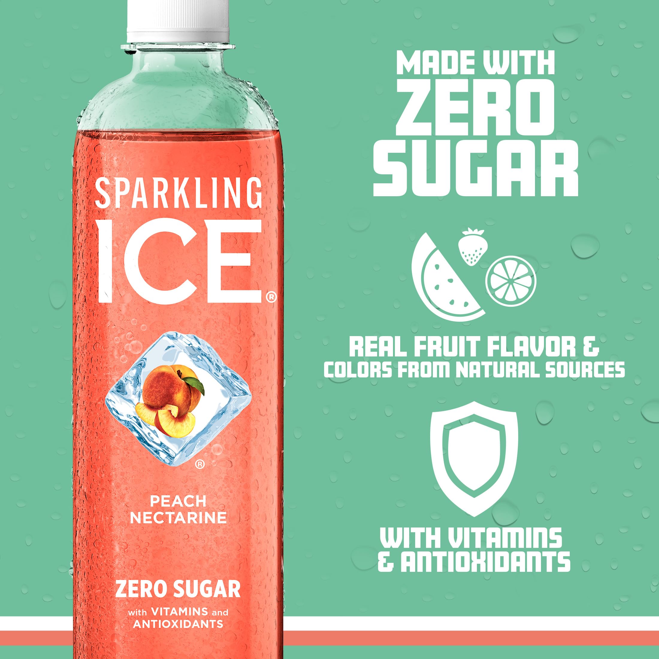 Sparkling Ice zero-sugar bottle emphasizes low calories and flavor