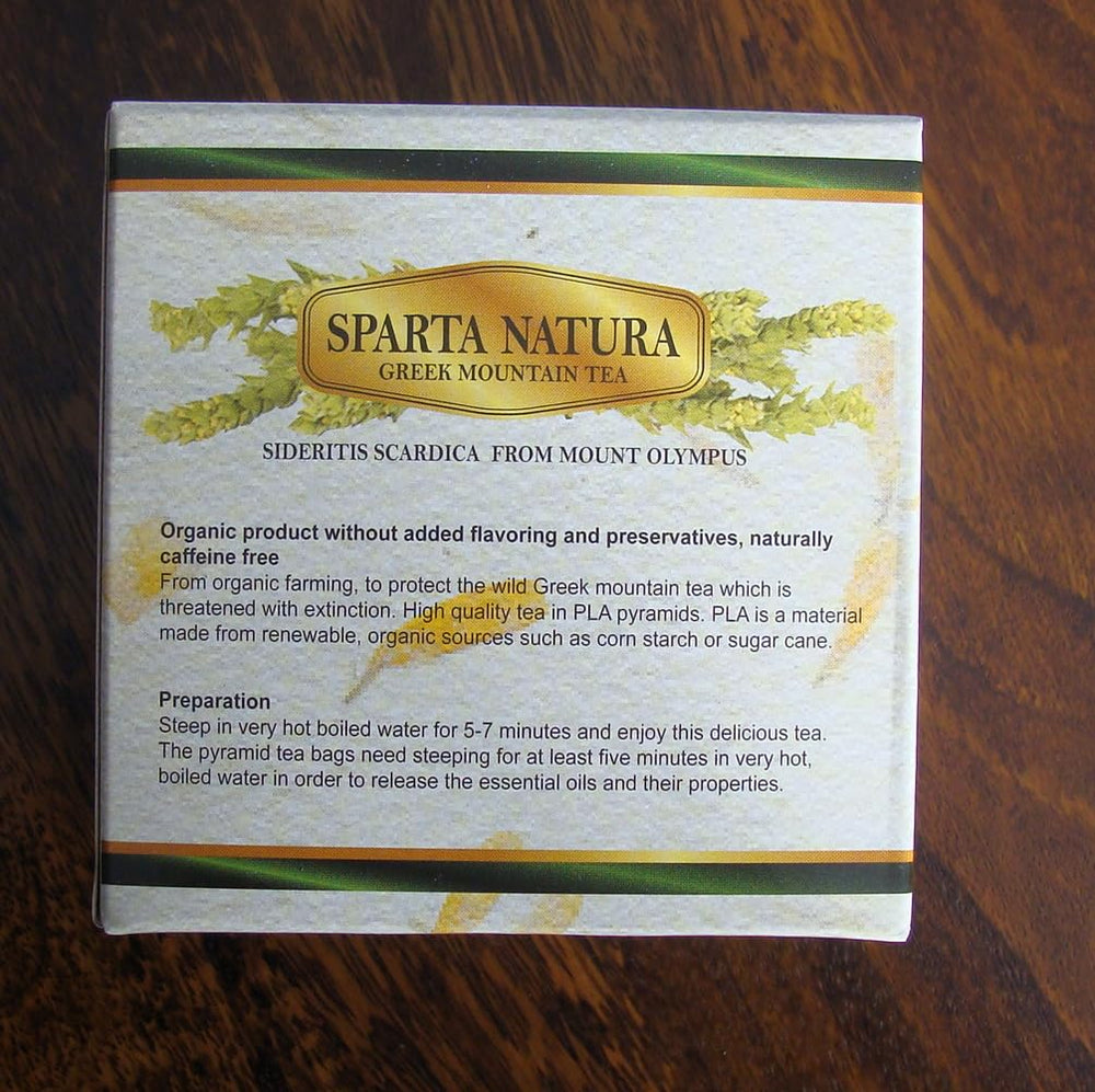 Spartanatura Tea bag closeup reveals unmixed Sideritis scardica leaves.