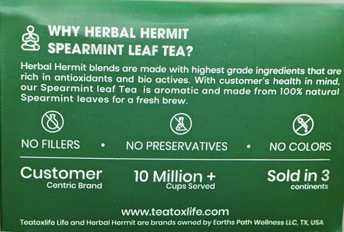 Spearmint leaves visible in tea bags, natural aroma from Herbal Hermit.