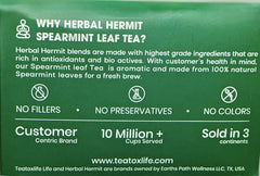 Spearmint leaves visible in tea bags, natural aroma from Herbal Hermit.