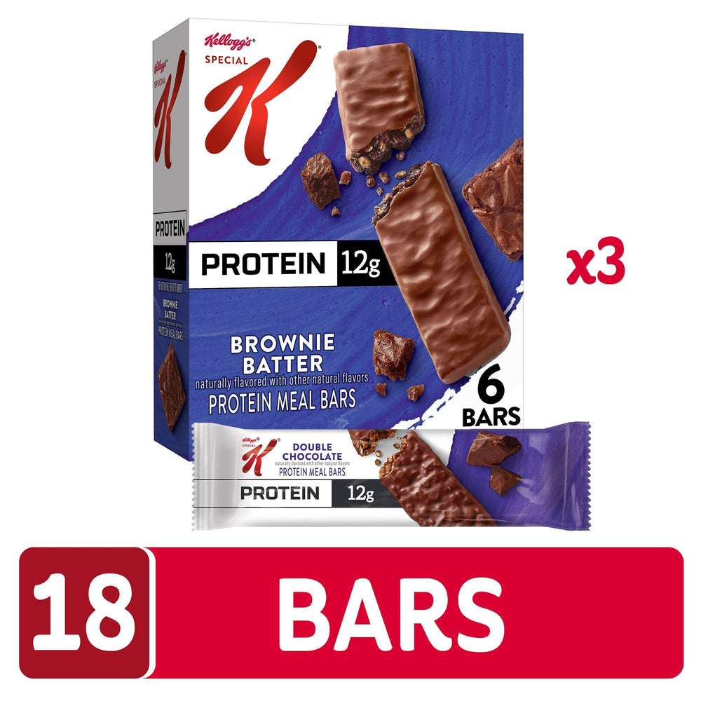Special K Brownie Batter Bar nutrition panel visible, highlights protein and fiber.