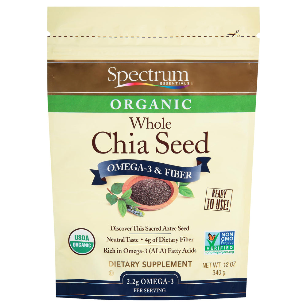 Spectrum Essentials Organic chia seeds in a bag ready to boost fiber and omega-3 intake.