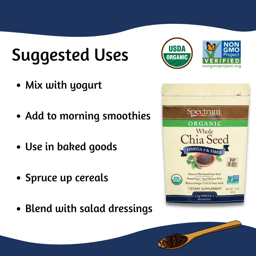 Spectrum Essentials Organic chia seeds bag showcases gluten-free certification.
