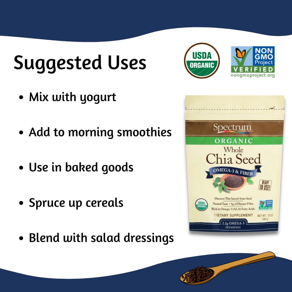 Spectrum Essentials Organic chia seeds bag showcases gluten-free certification.