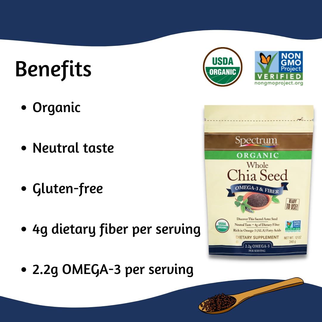 Spectrum Essentials Organic chia seeds measured with a spoon for versatile scoops.
