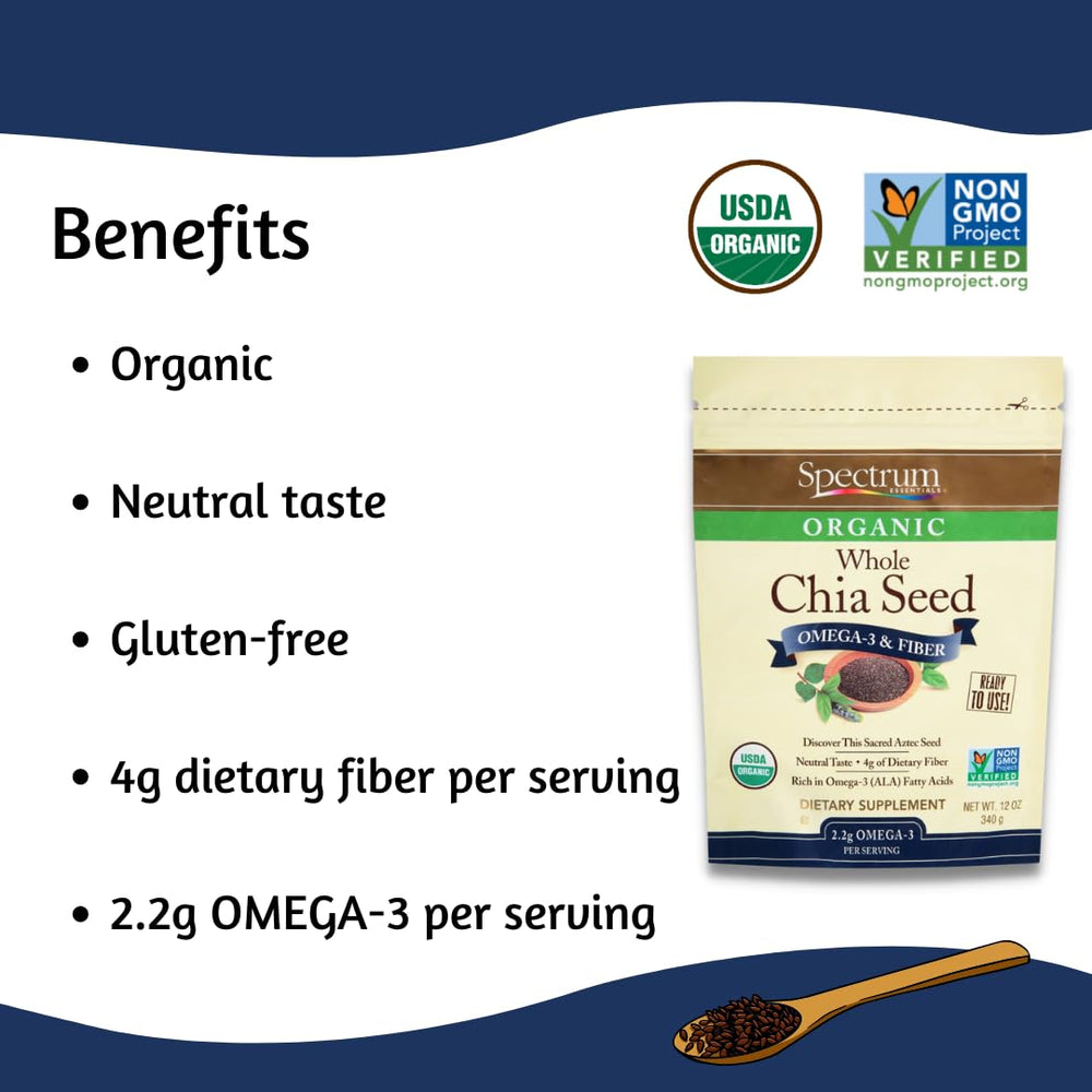 Spectrum Essentials Organic chia seeds measured with a spoon for versatile scoops.