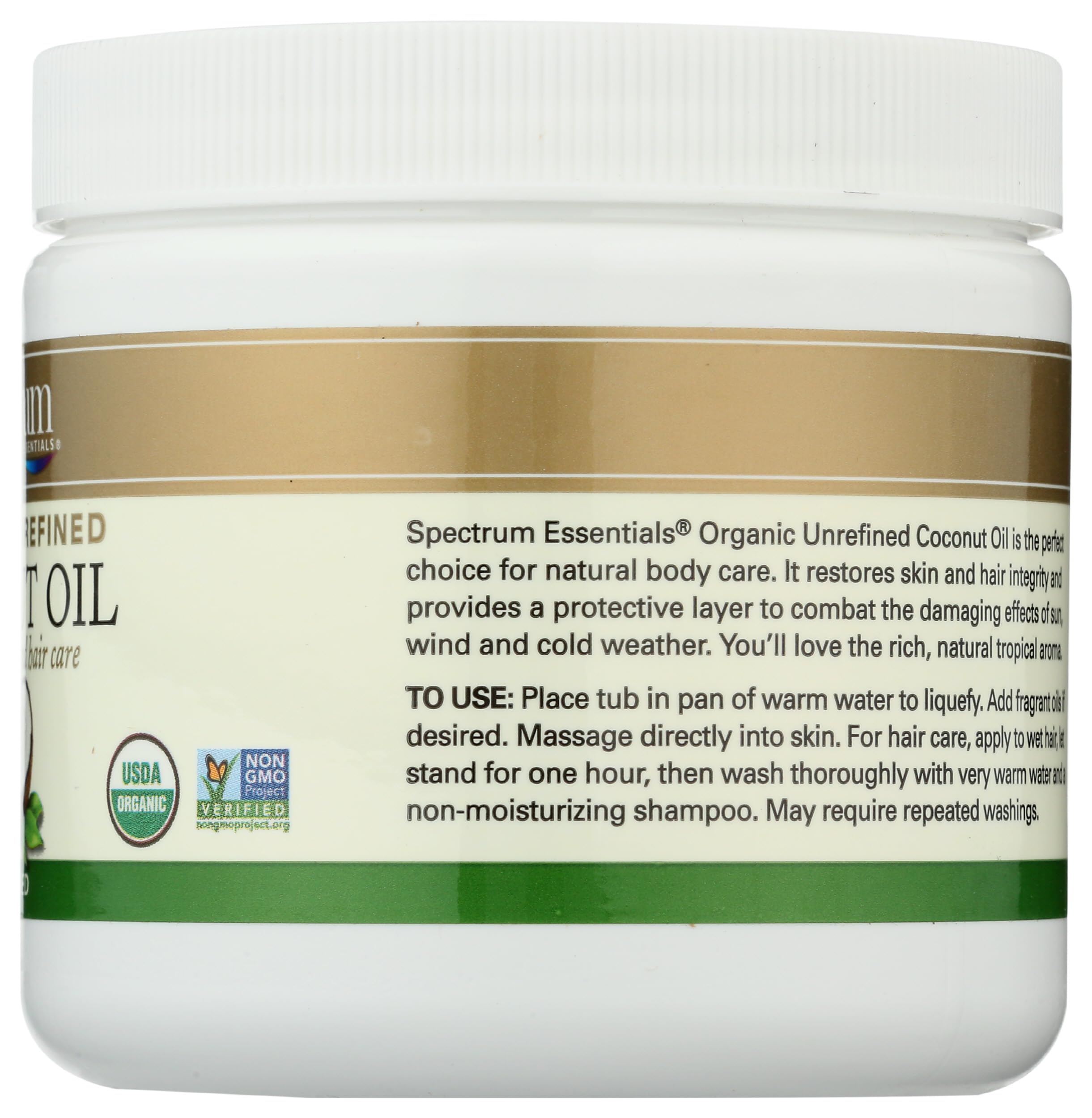 Spectrum Essentials coconut oil warm-water use for liquefied application.