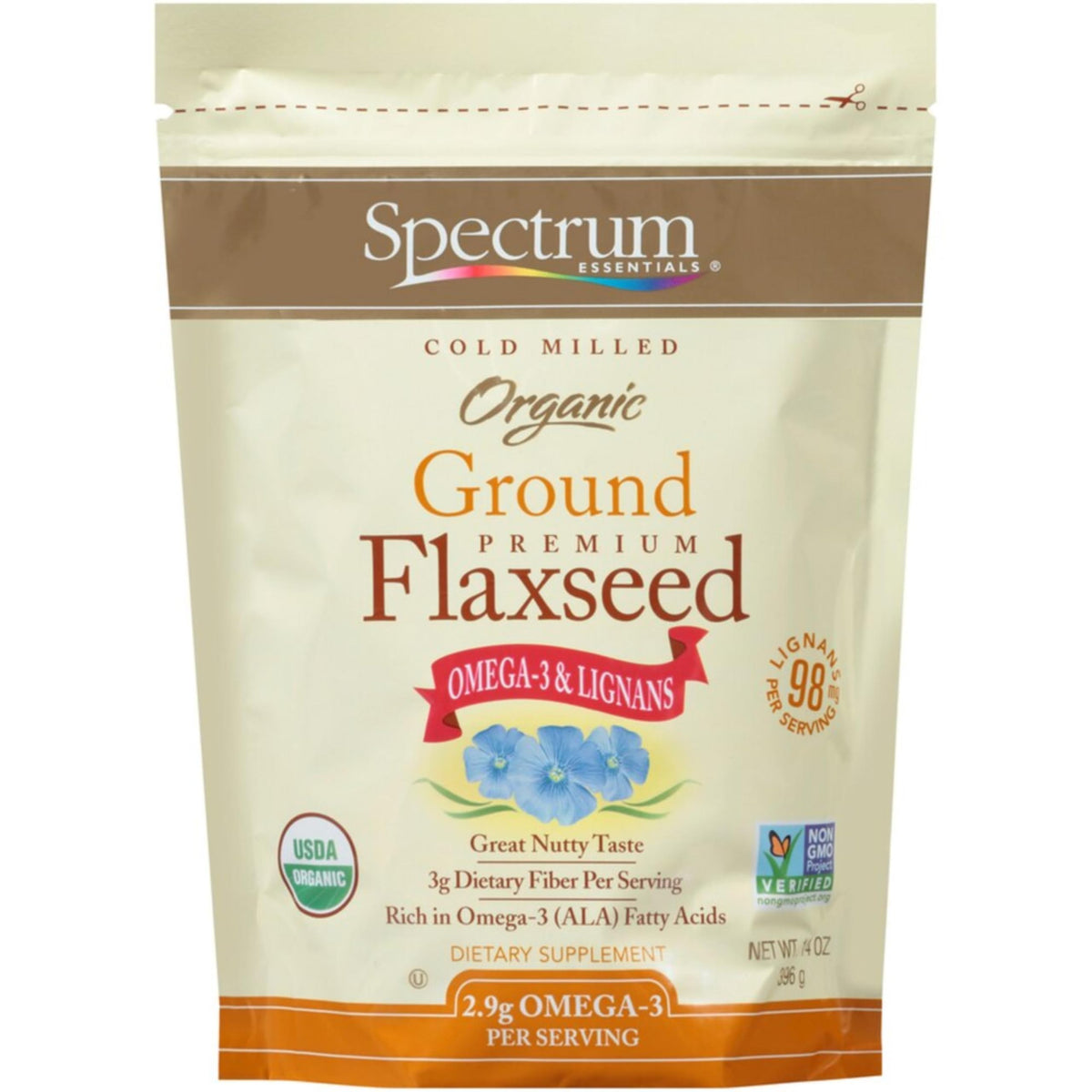 Spectrum Essentials organic ground flaxseed jar with nutty aroma for omega-3 rich smoothies