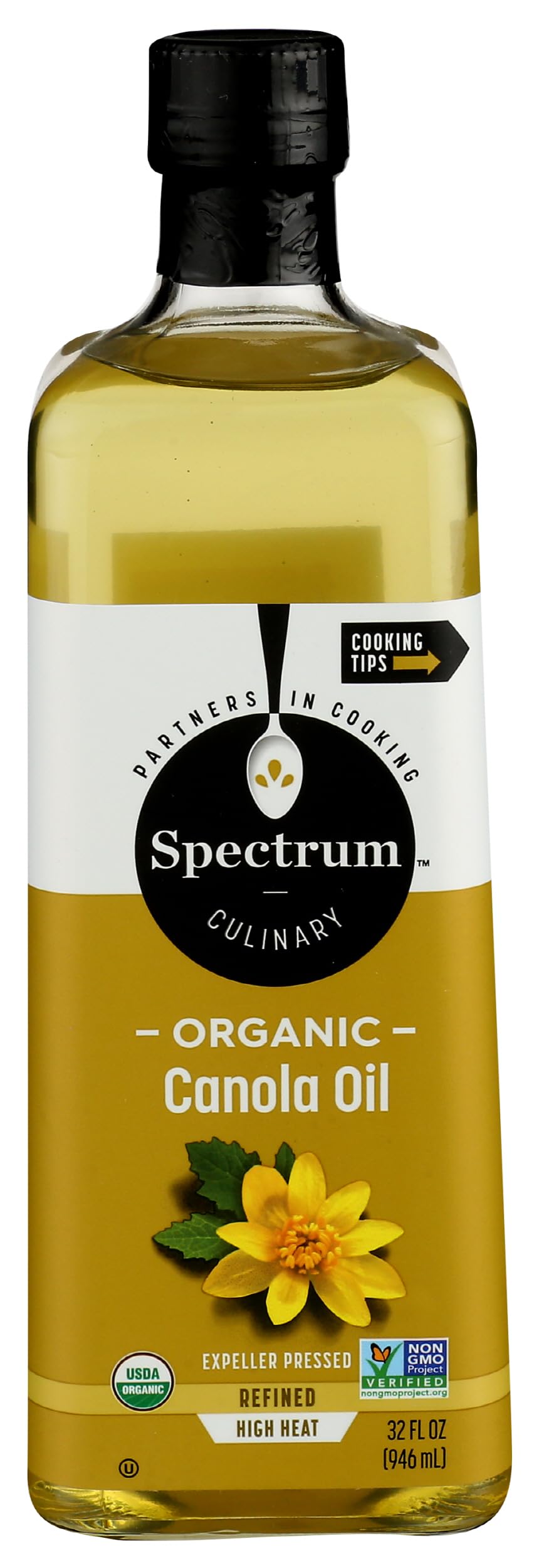 Spectrum Organic Canola Oil bottle closeup highlighting neutral flavor for versatile cooking.
