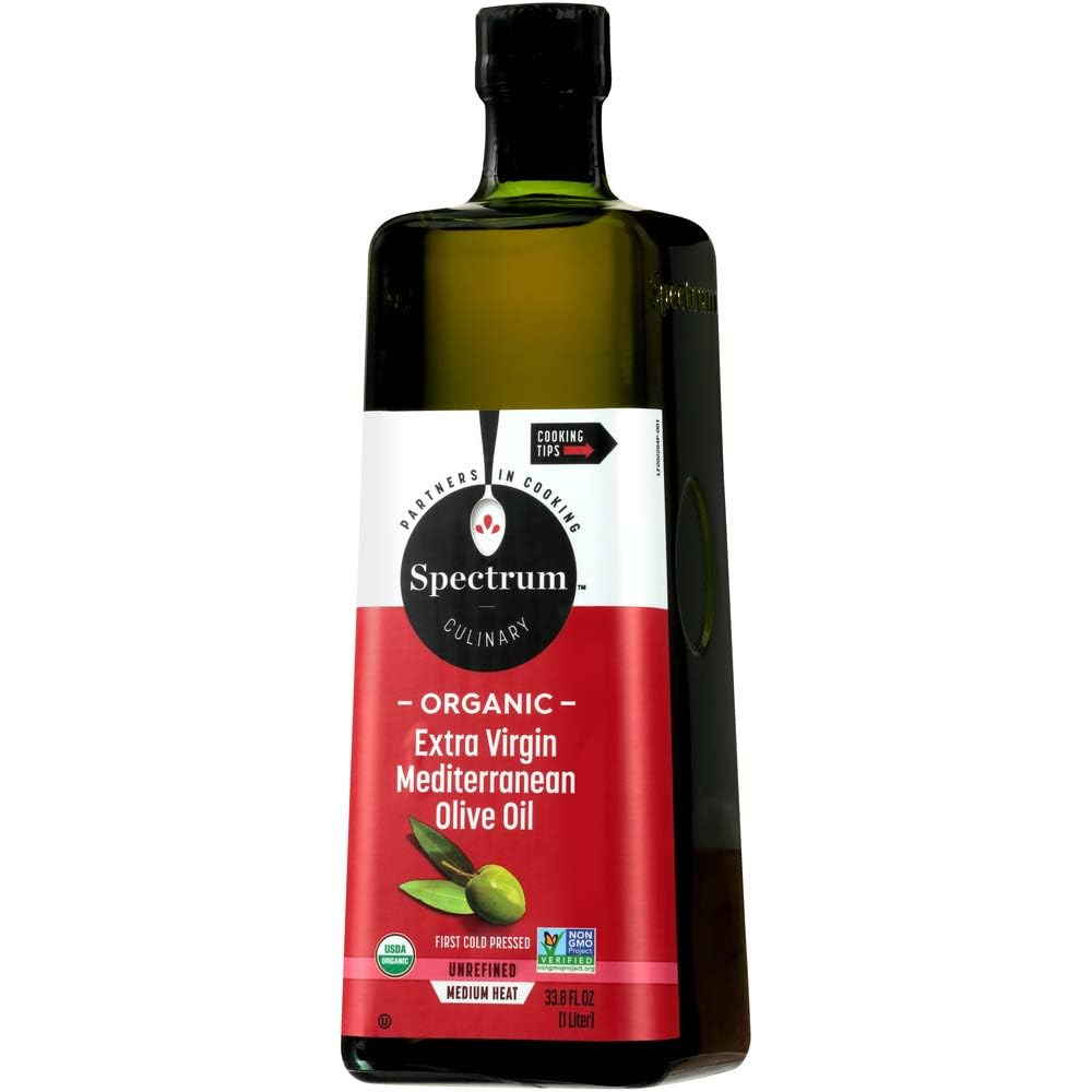 Spectrum Organic Mediterranean Olive Oil in a pan supports light sautéing and gentle cooking.