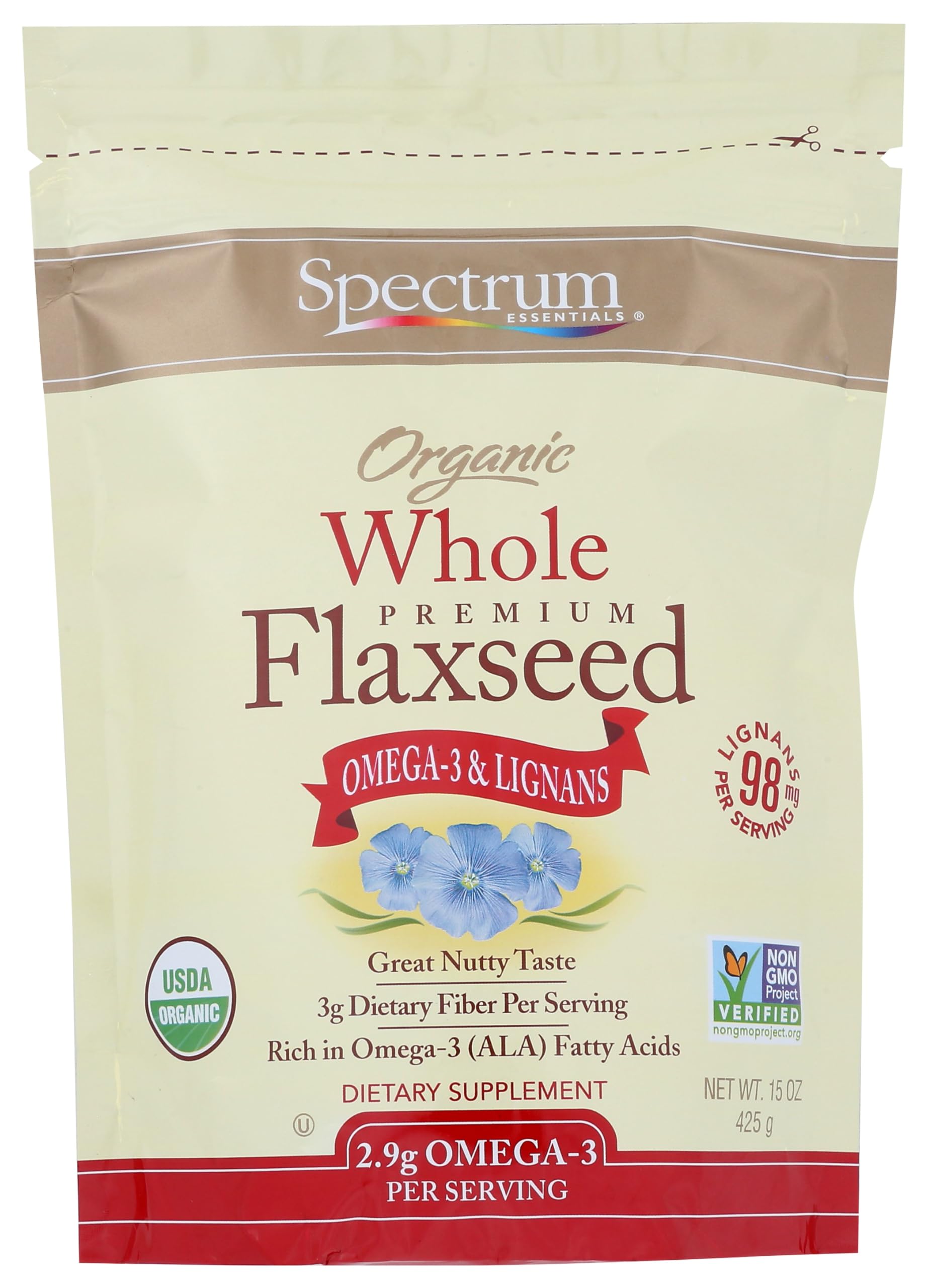 Spectrum Organic Whole Flaxseed 15 oz bottle highlights premium seeds for daily nutrition.