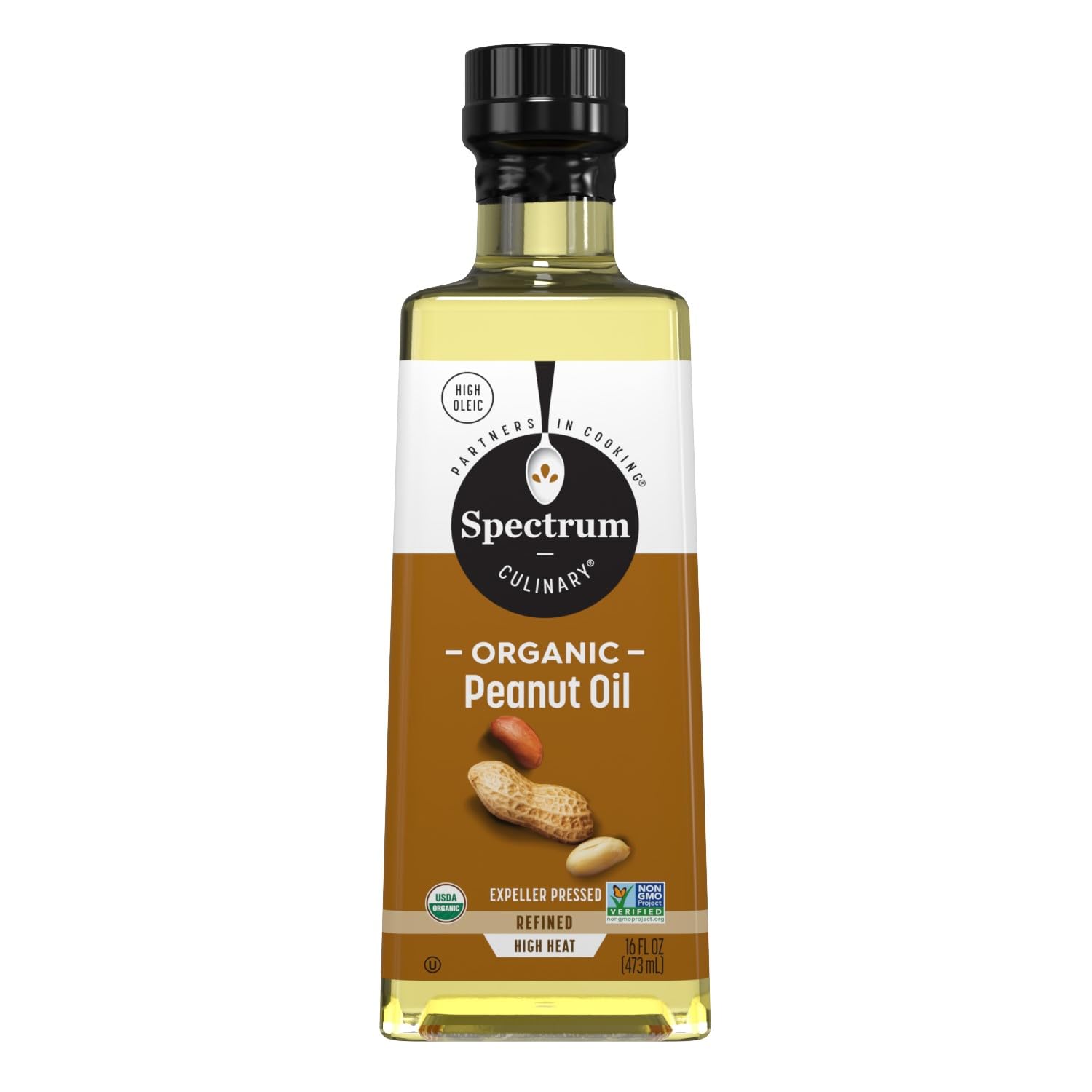 Spectrum peanut oil bottle highlighting organic, expeller-pressed refined oil for versatile cooking.