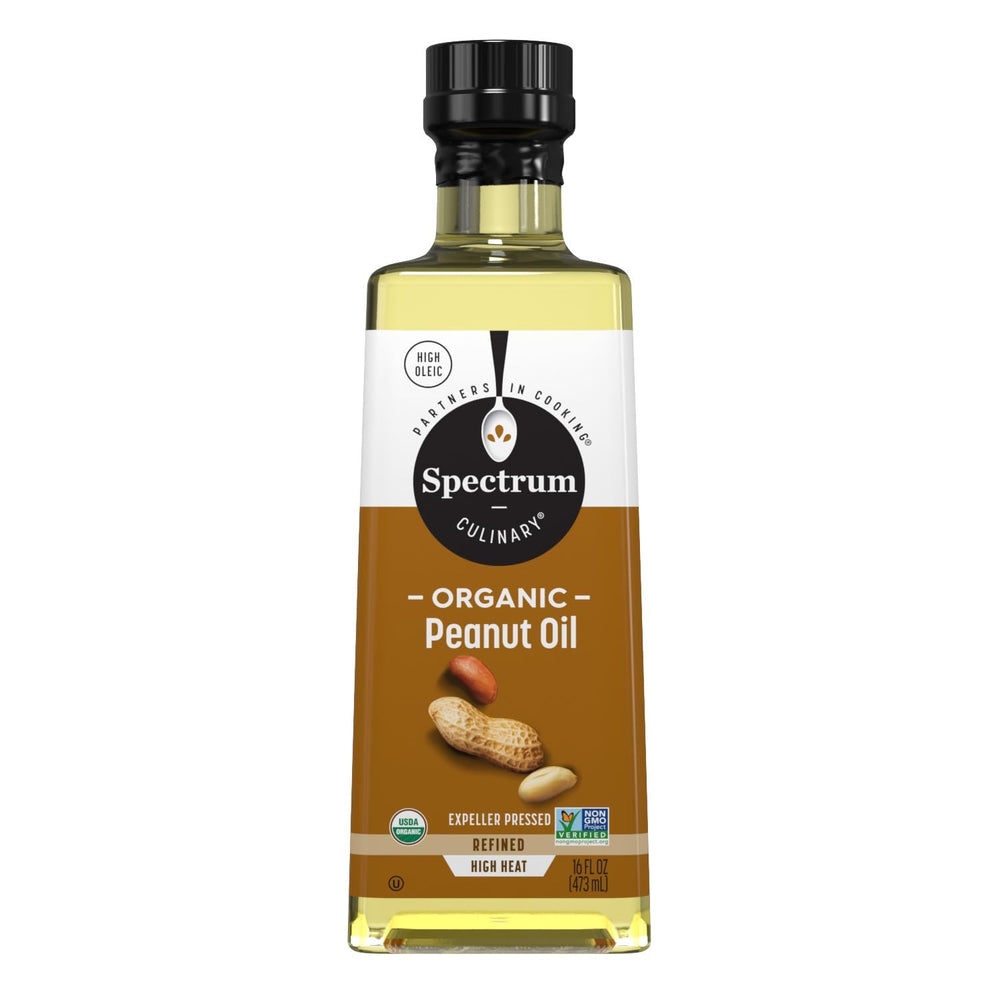Spectrum peanut oil bottle highlighting organic, expeller-pressed refined oil for versatile cooking.
